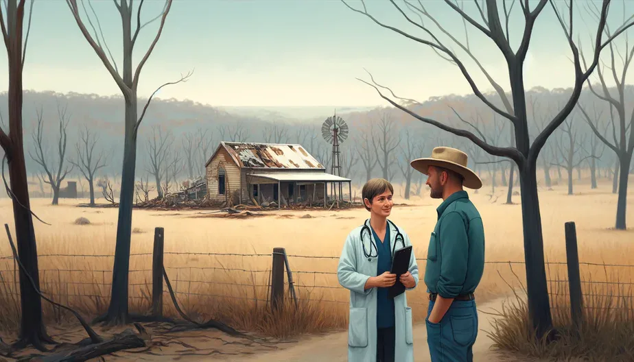 A rural landscape recovering from a recent bushfire, showing charred trees and a partially destroyed farmhouse in the background. In the foreground, a