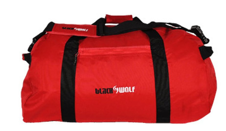Black Wolf DufflePack 70 True Red - 70L gear bag packed for station and travel