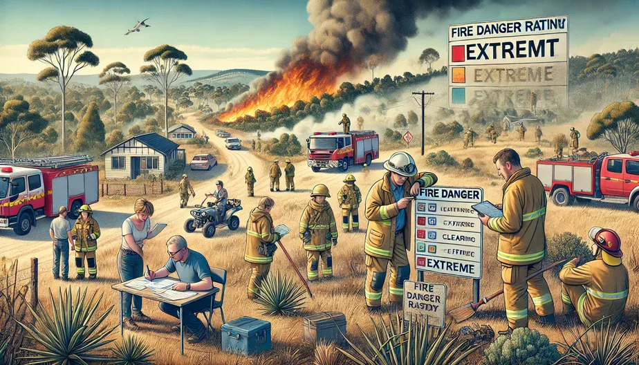 A detailed illustration depicting a community and firefighters working together in a rural, bushfire-prone area in Australia. In the scene, firefighte