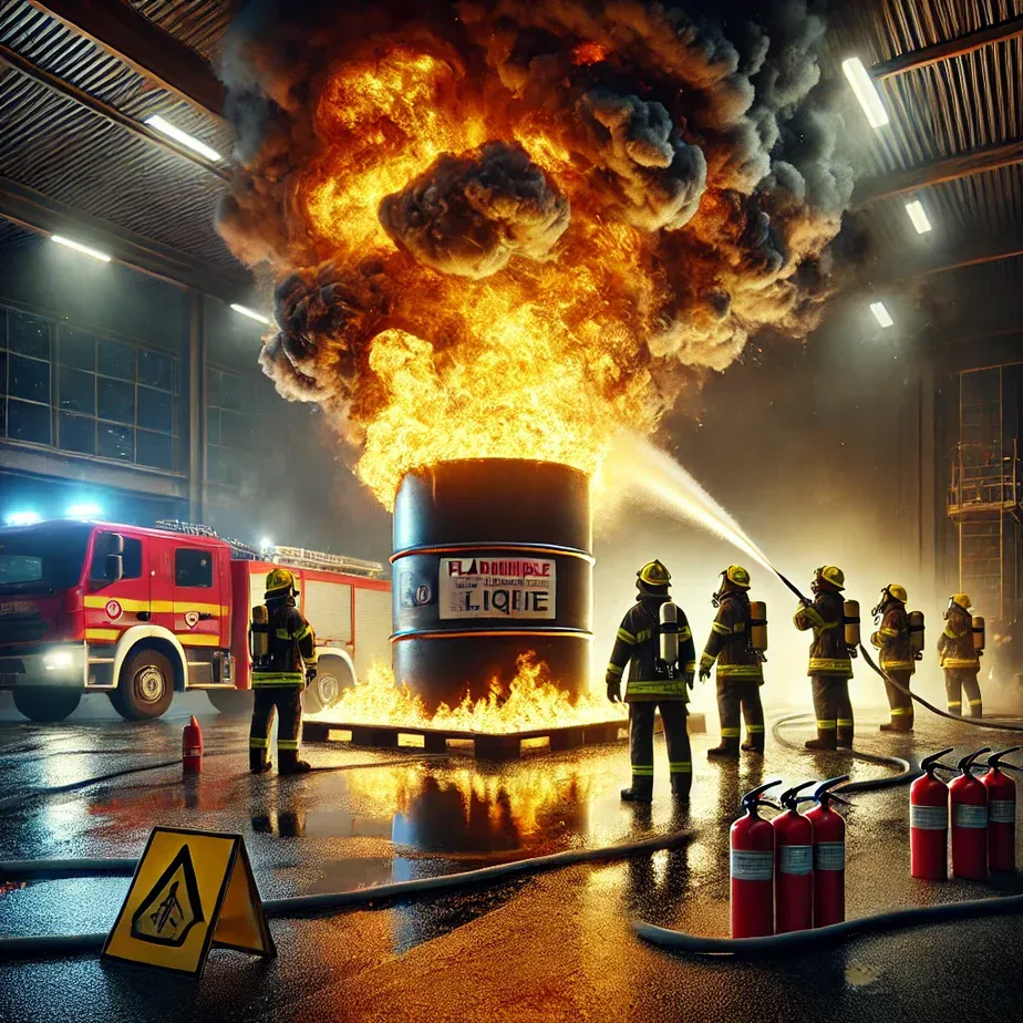 flammable liquid fire in an industrial setting. A large drum of hazardous chemicals has ignited, wi