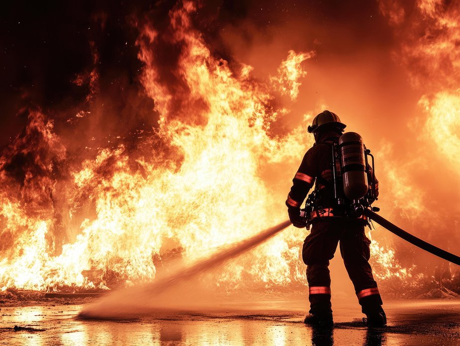 firefighter in action and flames