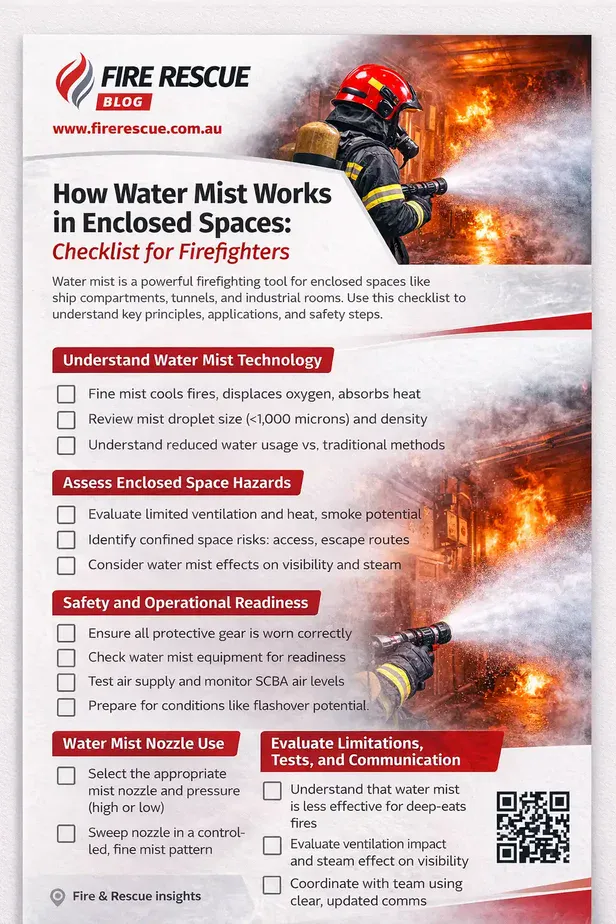 Water mist firefighting in enclosed spaces Australian safety guide cover