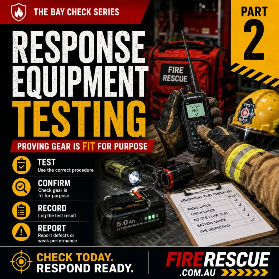 Emergency response equipment being tested and checked for operational readiness inside a station bay.