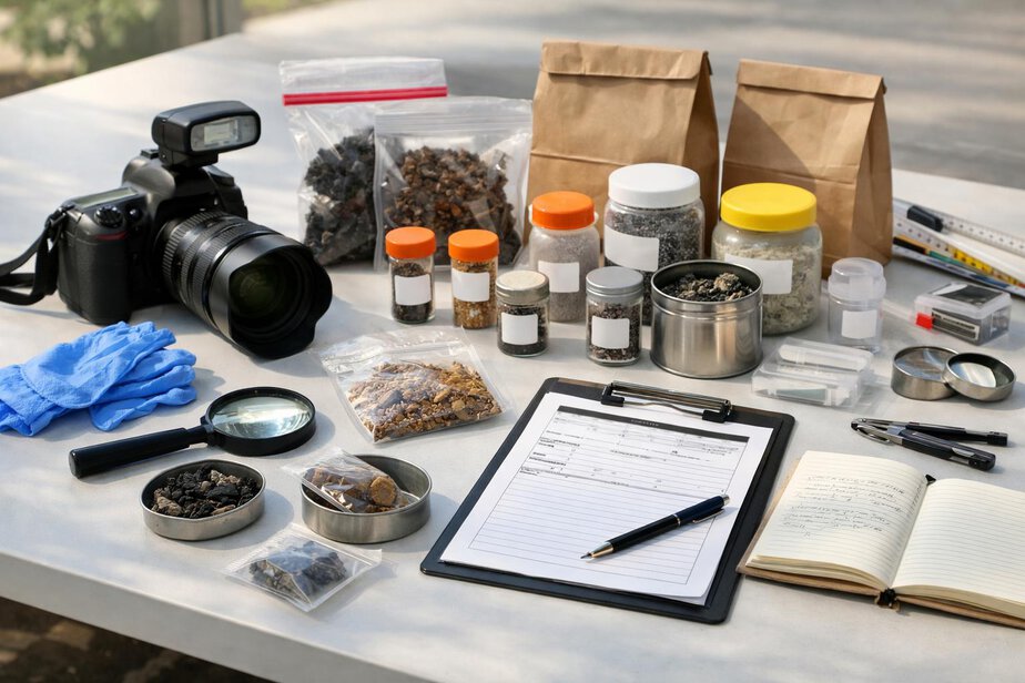 Evidence containers, photography equipment and scene notes arranged on a safe investigation workspace.