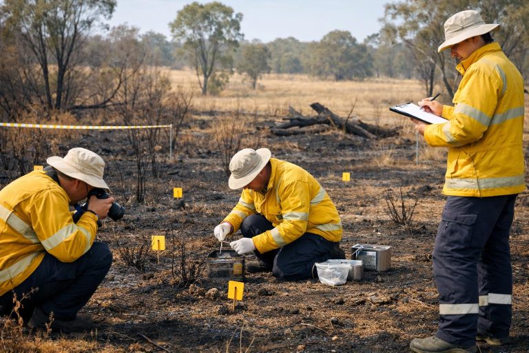 Authorised investigators documenting evidence in a burnt Australian grassland scene.