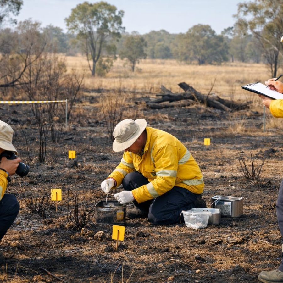 Authorised investigators documenting evidence in a burnt Australian grassland scene.