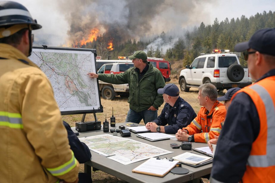 Multi-agency wildfire investigation coordination meeting at a safe command location