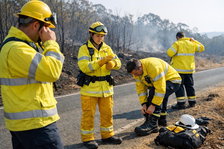 Investigators checking PPE and safety gear before wildfire scene entry