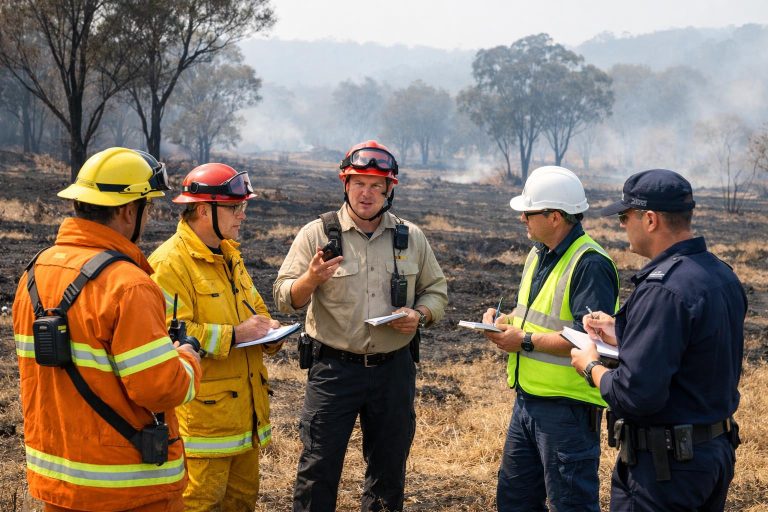 Wildfire investigators and emergency personnel briefing near a burnt landscape