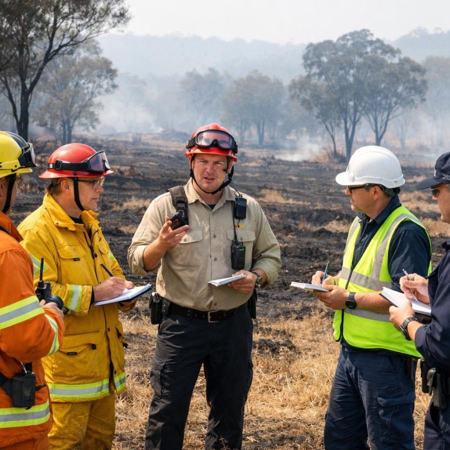 Wildfire investigators and emergency personnel briefing near a burnt landscape
