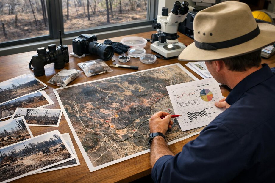 Investigator comparing fire patterns, weather records and a scene map