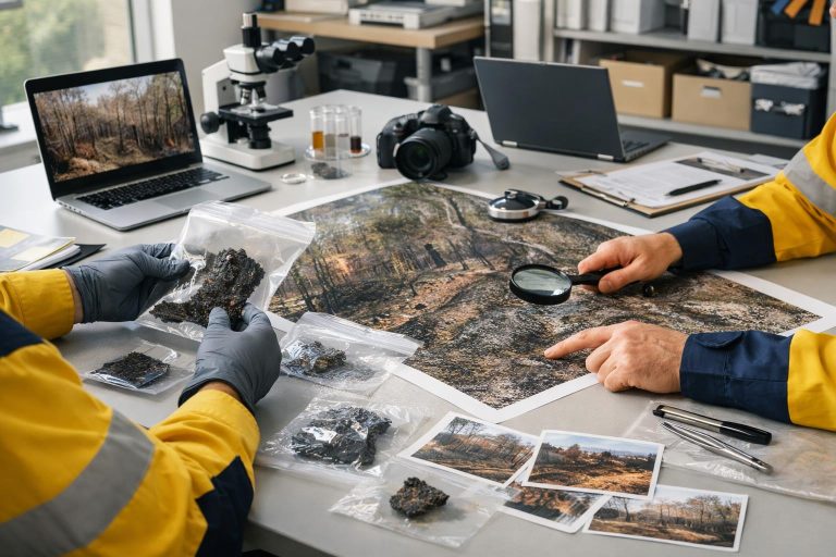 Authorised wildfire investigators reviewing maps, photographs and evidence in a bright professional workspace