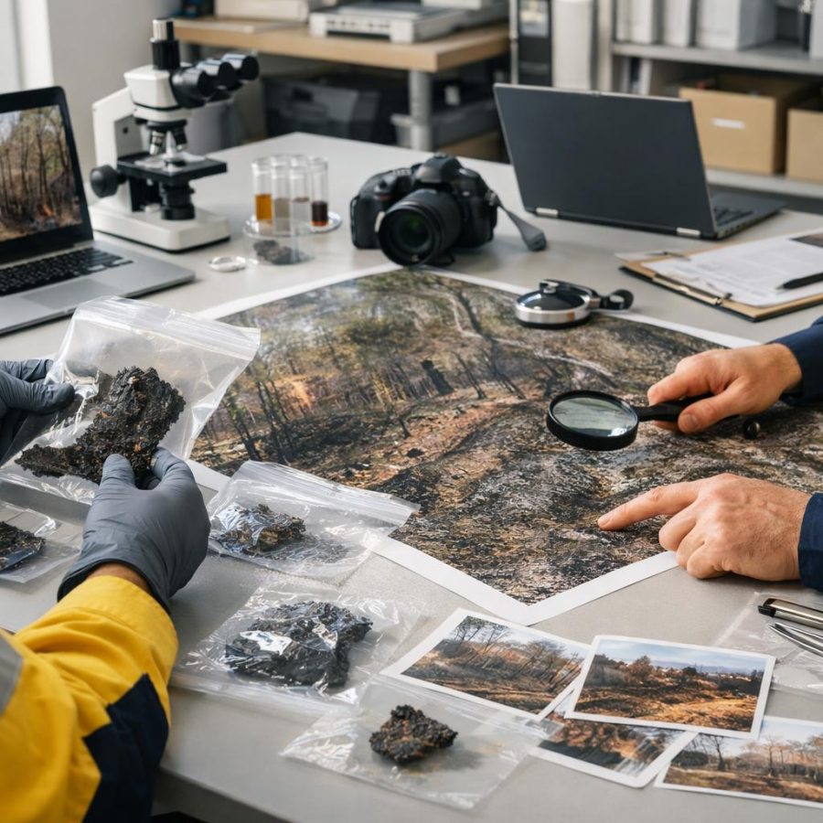 Authorised wildfire investigators reviewing maps, photographs and evidence in a bright professional workspace