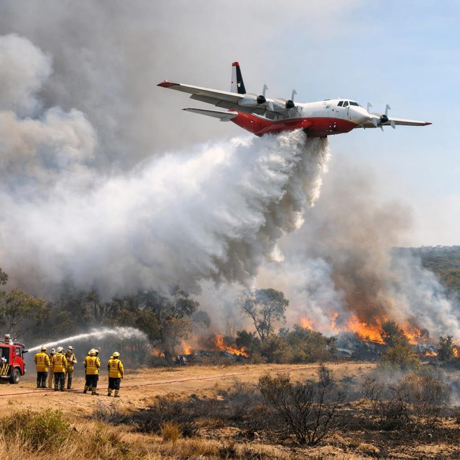 A firefighting aircraft drops water over a bushfire area while ground crews work nearby.