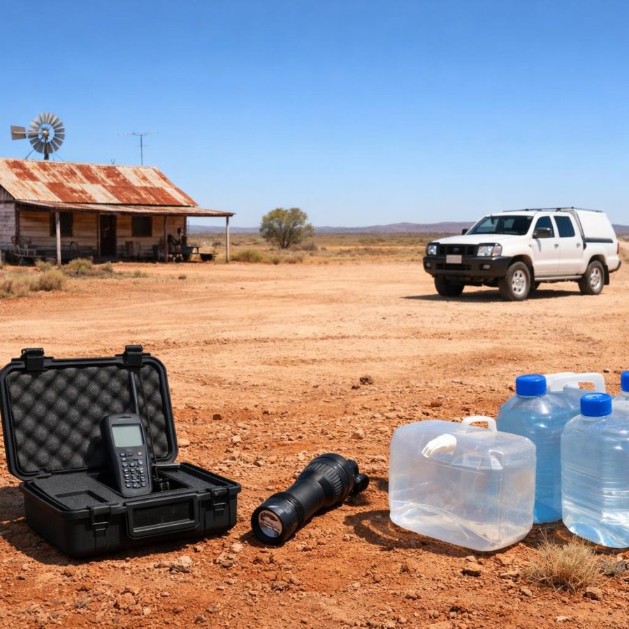 Remote outback road near a station building with preparedness gear in the foreground