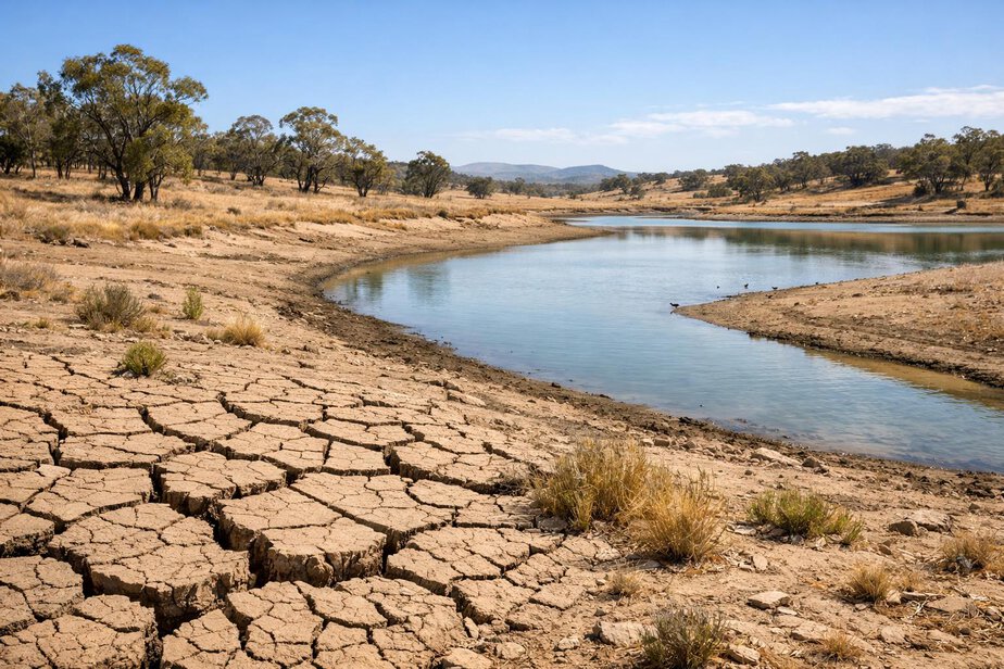 Dry cracked ground beside a reduced water storage in regional Australia.