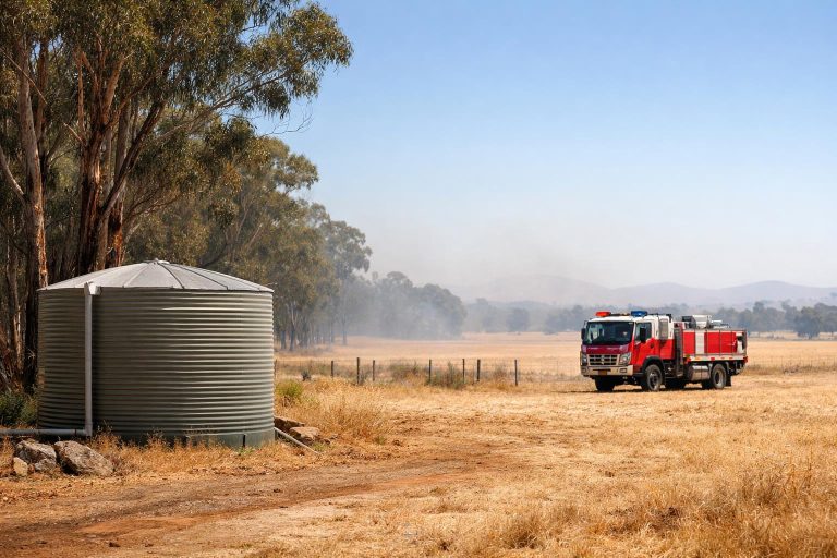 Australian rural emergency planning scene with dry farmland, a water tank and a fire truck in bright daylight.