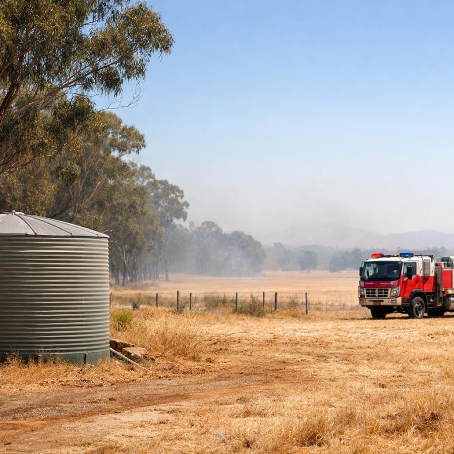 Australian rural emergency planning scene with dry farmland, a water tank and a fire truck in bright daylight.
