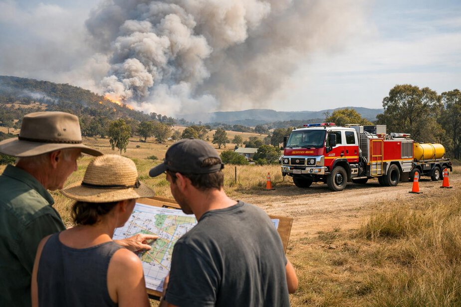 Residents and responders looking at a property access map near a rural property with smoke in the distance.