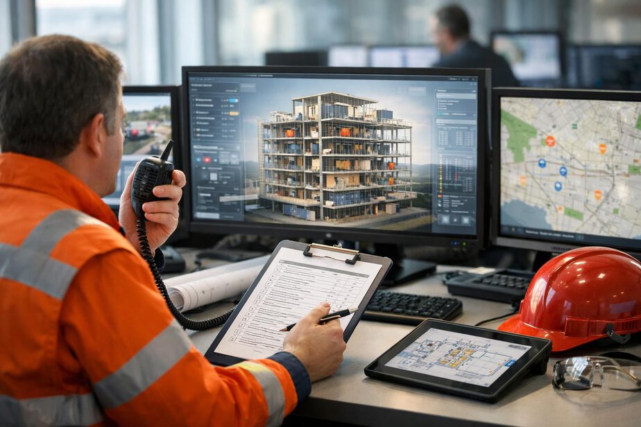 An emergency planning desk with building information, a checklist and communications equipment.