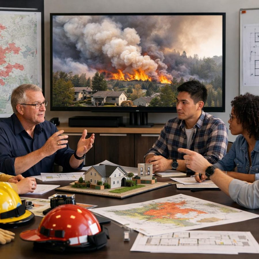 A diverse team reviewing fire research charts, maps and prevention plans in a modern meeting room.
