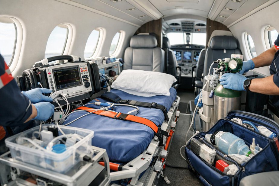 Medical retrieval equipment and cabin setup inside an aircraft