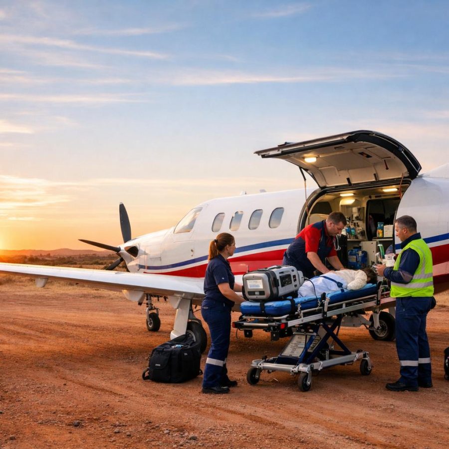 Aeromedical aircraft on a remote Australian airstrip with medical retrieval crew