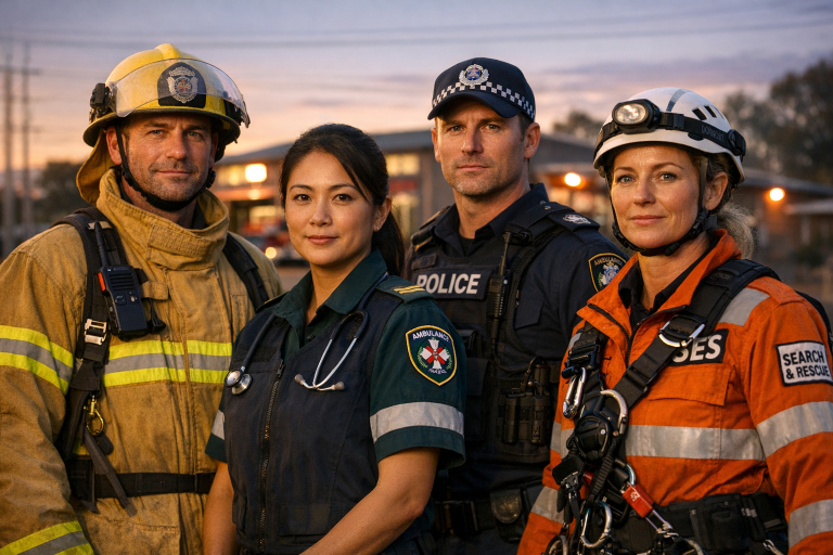 Diverse group of first responders standing together at dusk, respectful and dignified