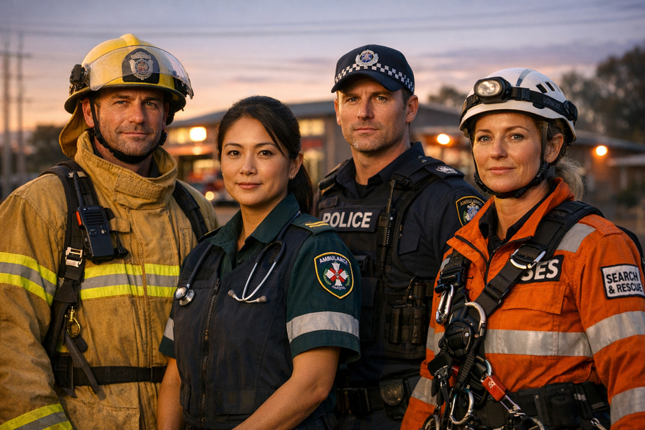 Diverse group of first responders standing together at dusk, respectful and dignified