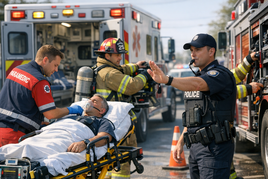 Paramedic tending a patient, firefighter securing equipment, police officer directing traffic