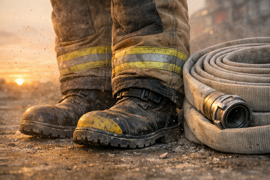 Firefighter boots and turnout gear beside a coiled hose at sunrise