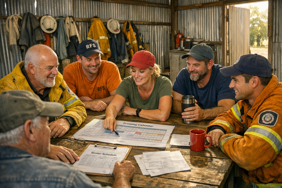 Volunteer firefighters and community volunteers around a table in a rural shed