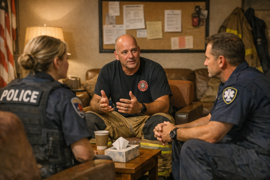 Peer support group meeting in a comfortable station lounge with responders listening