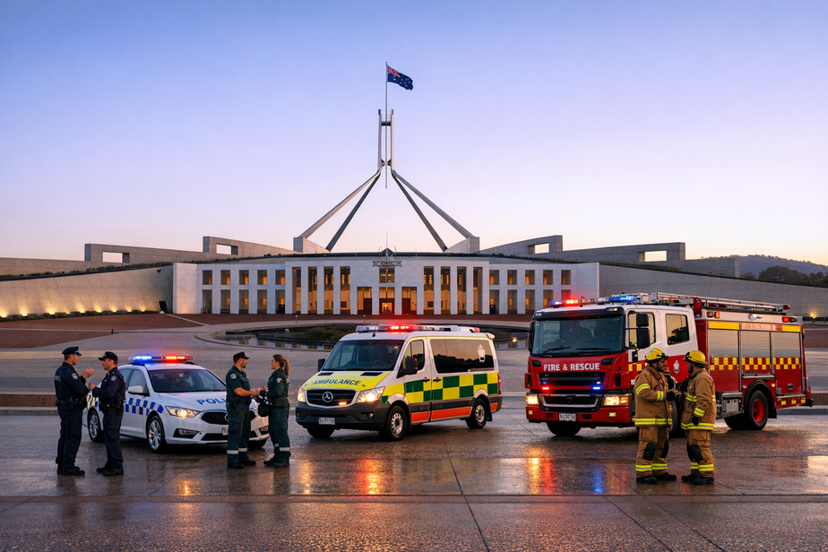 Panoramic view of central Canberra at dawn with emergency vehicles in front of Parliament House