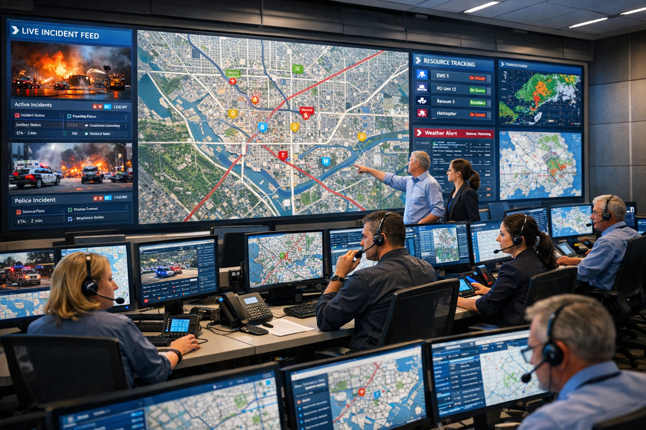 Modern emergency operations room with large screens and dispatchers coordinating responses
