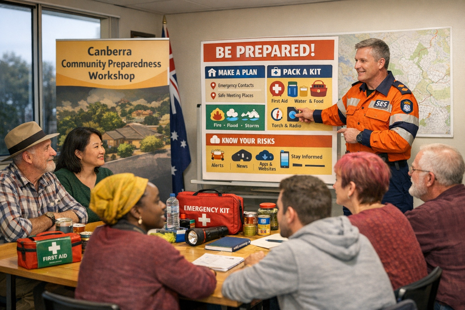 Community preparedness workshop with residents and facilitator discussing emergency kits