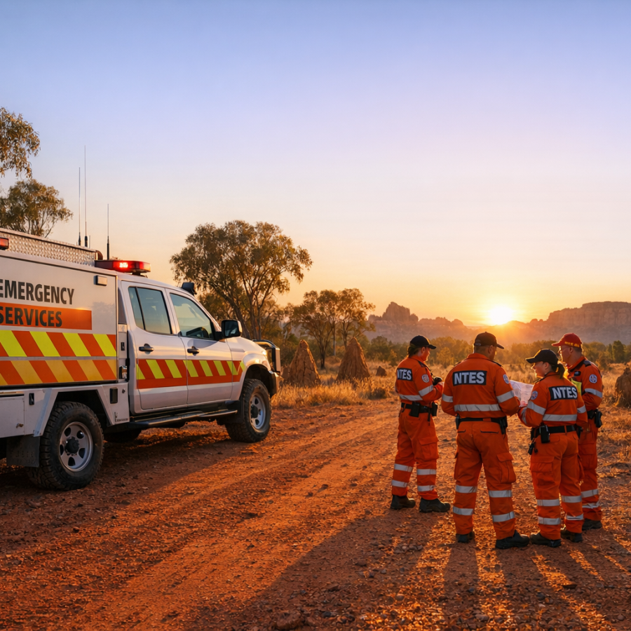 NT Emergency Services vehicle on red dirt road at dawn with volunteers coordinating near termite mounds and eucalyptus trees
