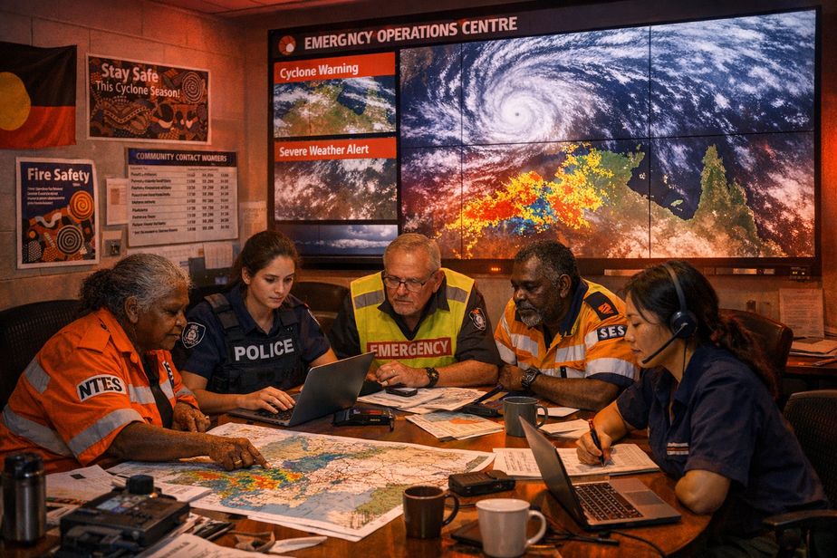 Training exercise near Darwin with paid staff and volunteers practicing flood rescue with an inflatable boat