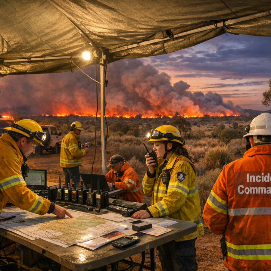Outback incident command post at dusk with map tables, radios and personnel coordinating