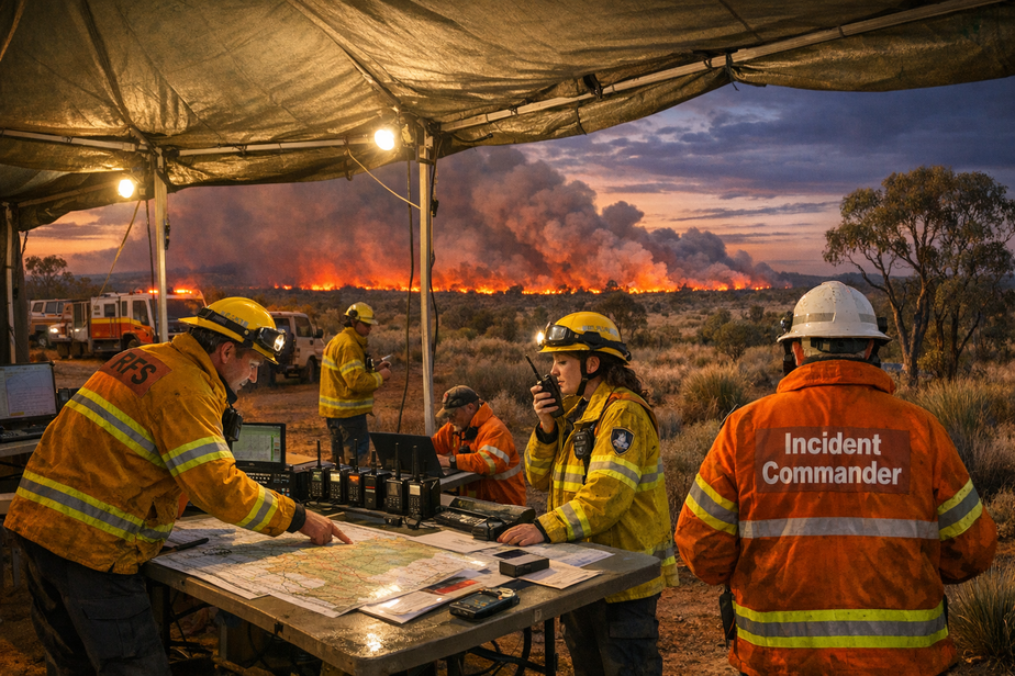 Outback incident command post at dusk with map tables, radios and personnel coordinating