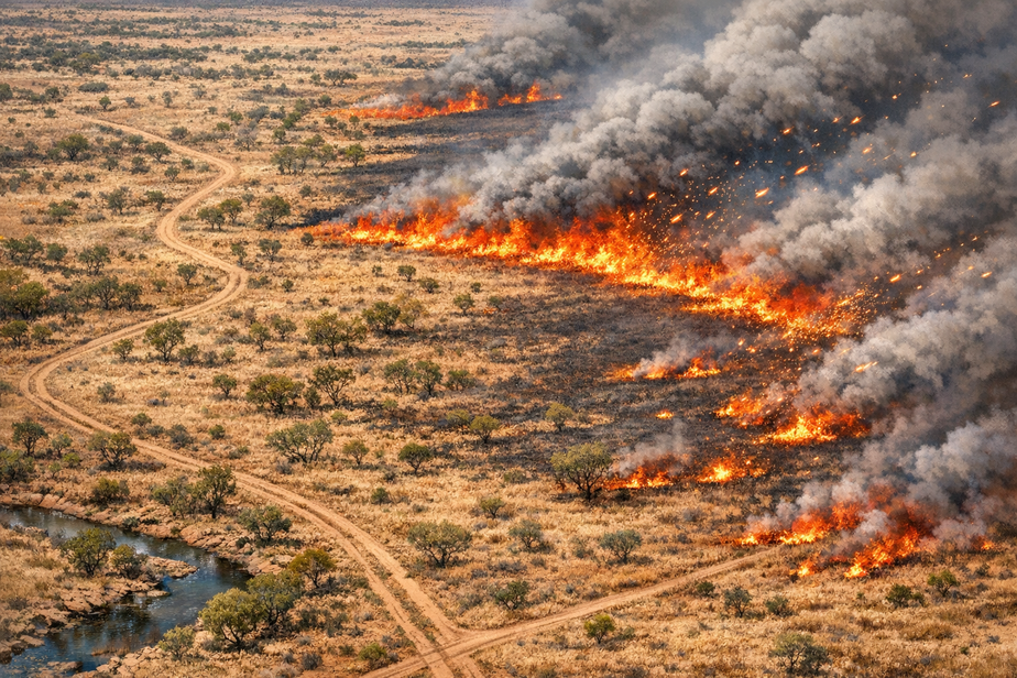Aerial view of outback fuel types and fast-moving grassfire with ember showers
