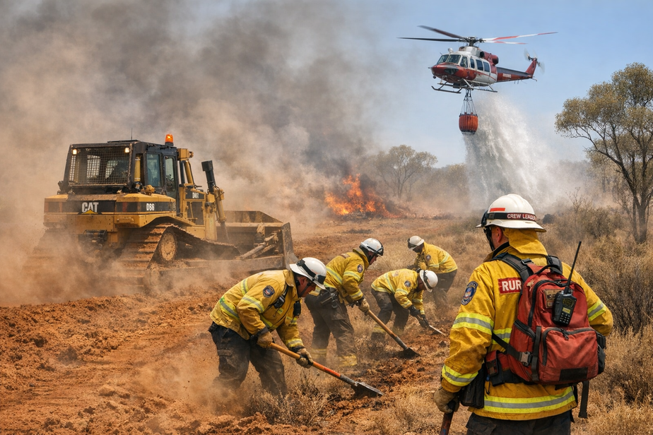 Coordinated firefighting assets: dozer, firefighters building handline and helicopter bucket drop