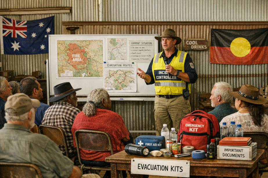 Community briefing in outback town hall with incident controller and Indigenous elders