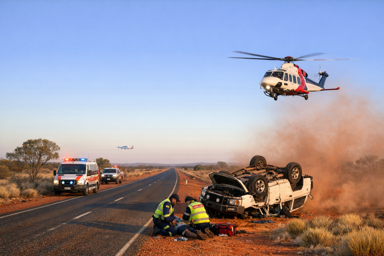 Dawn Outback roadside rescue scene with overturned 4x4, responders and distant fixed-wing and rotary aircraft