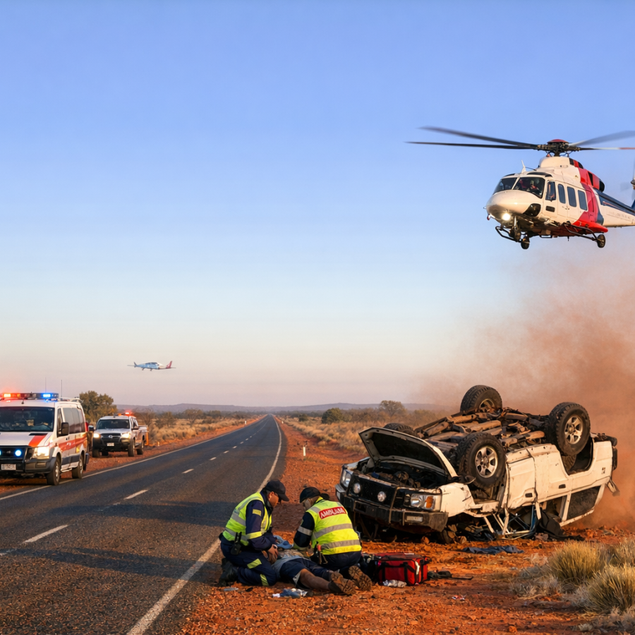 Dawn Outback roadside rescue scene with overturned 4x4, responders and distant fixed-wing and rotary aircraft