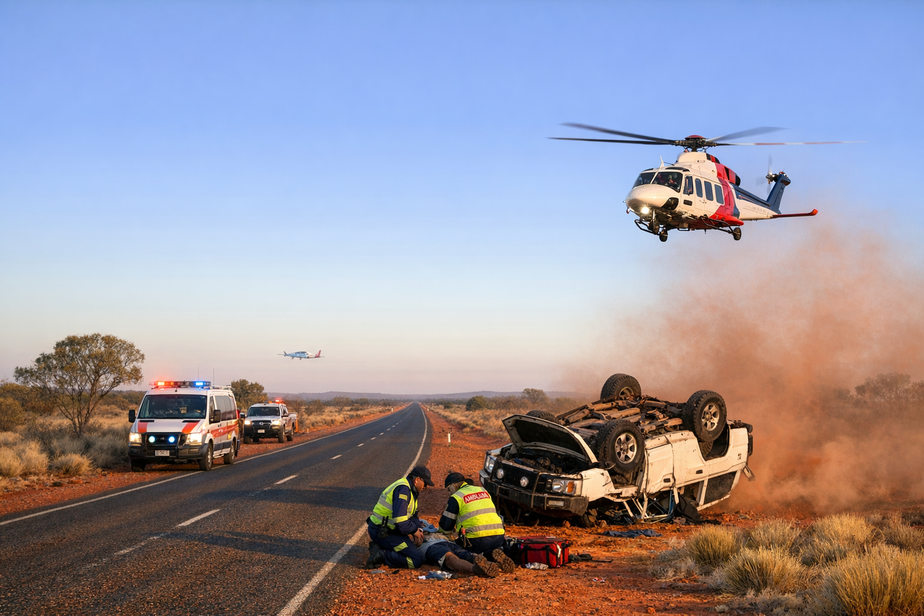 Dawn Outback roadside rescue scene with overturned 4x4, responders and distant fixed-wing and rotary aircraft