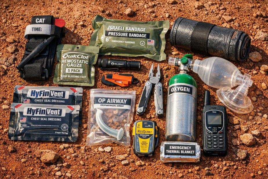 Laid-out remote trauma kit on red dirt including tourniquet, haemostatic gauze, chest seal, BVM, satellite phone and PLB