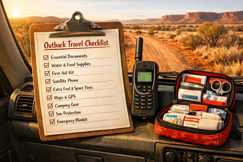 Outback travel checklist on clipboard with satphone and small trauma kit inside a vehicle, Outback landscape visible