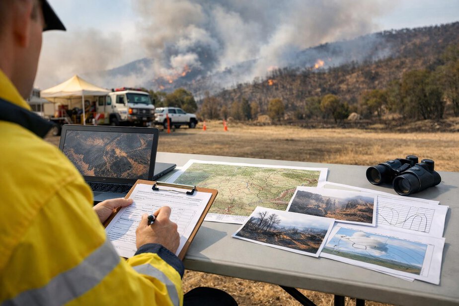 Investigator reviewing maps and records at a safe command location