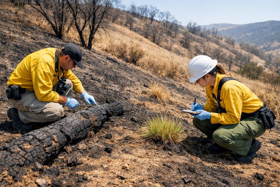Investigators examining fire-spread indicators in burnt grass and vegetation